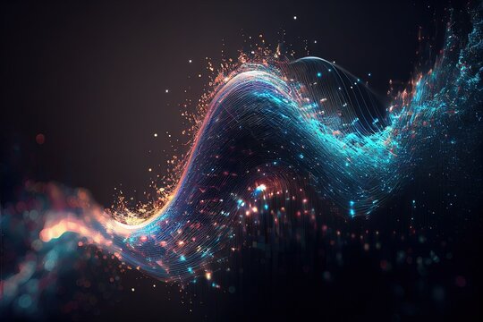 Wave lines trails flowing dynamic in diverse colors isolated on black background. AI technology, science, digital and communication concept. 3d rendering
