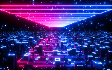 Glowing cubes and neon lines, neon tunnel and materials, 3d rendering.