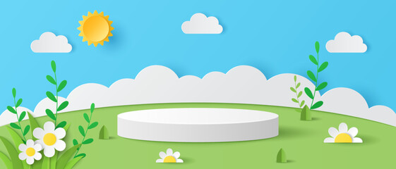 Paper art and digital craft style of Summer season on green nature landscape, sun and clouds on blue sky background with white cylinder podium for your products display presentation.