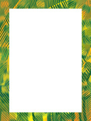 Obraz premium Vector green abstract jungle themed natural frame with white blank copy space on the centre. Isolated eps wallpaper with vertical shaped template for title cover, social media post, banner, and others