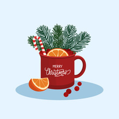 Christmas, New Year greeting card, invitation. Vector cup of hot chocolate or coffee decorated by berries,Christmas tree branch, orange and candy.Vector illustration. Lettering vector typography.