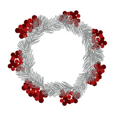 Christmas fir wreath with red berries. Pine wreath. Spruce new year wreath. Decorative element. Vector illustration. 