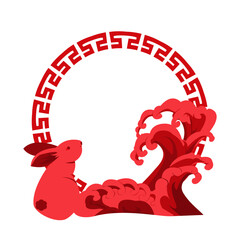 New year’s 2023 Chinese new year 2023 year of the rabbit. New year symbol 2023 logo. Red rabbit and wave  and wheel in Chinese style.Red Chinese wave silhouette illustration isolated flat vector