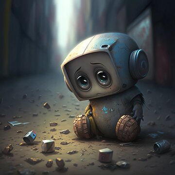 Depressed Robot. Baby robot. sci-fi