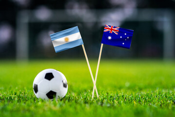 Argentina - Australia. Eight final, Round of 16 football match. Handmade national flags and soccer...