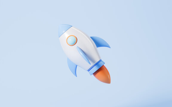 Cartoon rocket launching scene on the blue background, 3d rendering.