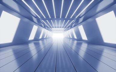 Blue abstract tunnel with neon lines, 3d rendering.