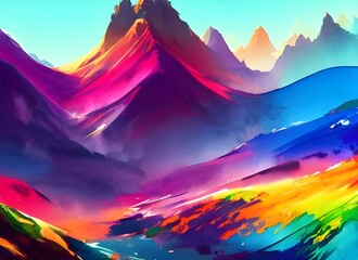In this picture, there are mountains that have been painted with watercolors. The colors are very vibrant and make the scene look beautiful.