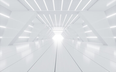 White abstract tunnel with glowing neon lines, 3d rendering.