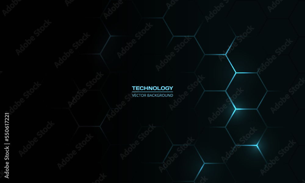 Poster Black hexagonal technology vector abstract background. Blue bright energy flashes under hexagon in modern technology futuristic background vector illustration. Black honeycomb texture grid.