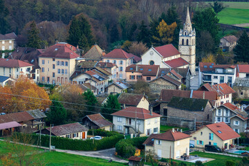 Fototapeta na wymiar Uriage les Bains, Isere, Rhone-Alpes, France, 20 11 2022 small countryside village in autumn