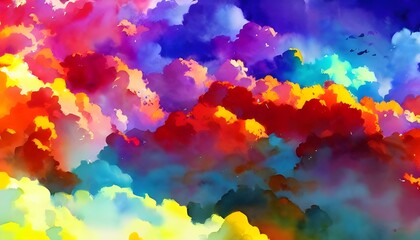 The clouds in the sky are like giant cotton balls, each one a different color. Some are pink, some are purple, and some are blue. They look like they were painted with watercolors.