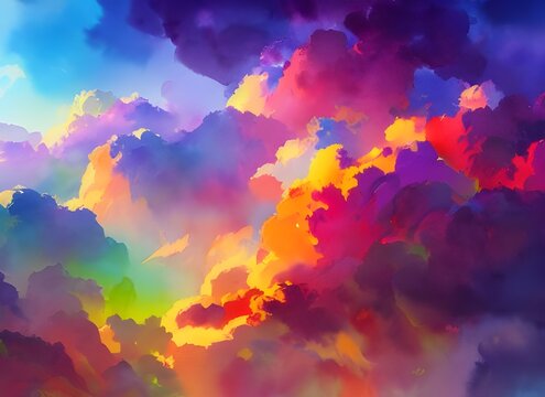 I am looking at a beautiful painting of colorful clouds. The sky is so blue and the clouds are fluffy and white. I can see every detail in the painting, from the way the paint has been applied to crea