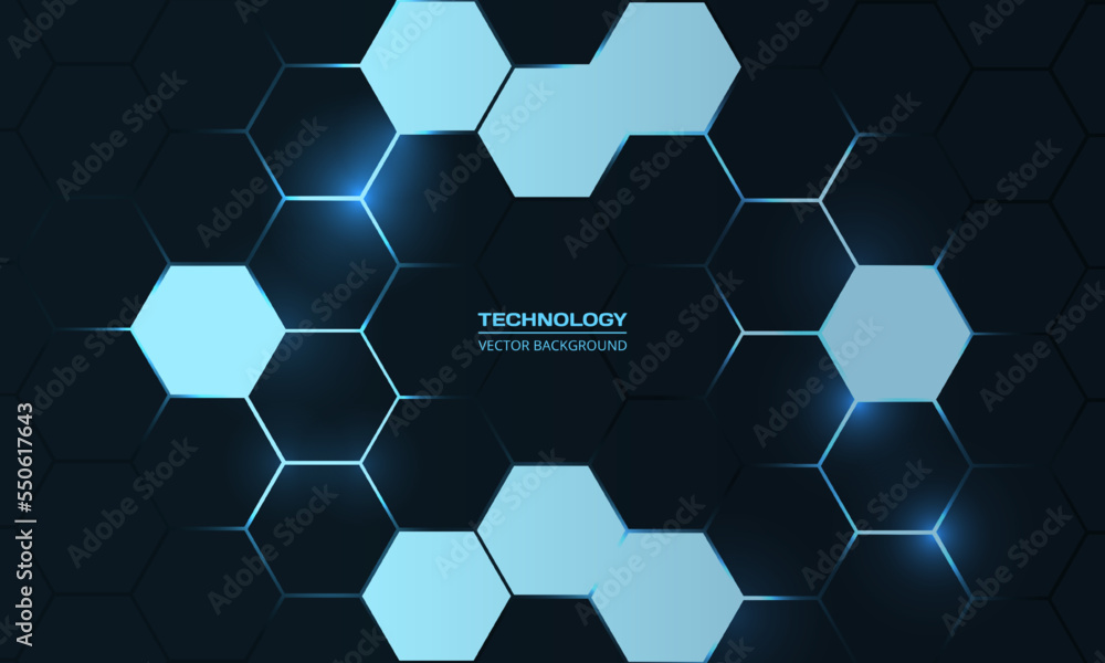 Poster hexagonal technology dark blue abstract vector background. blue bright energy flashes under hexagon 