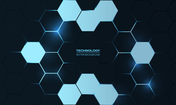 Hexagonal technology dark blue abstract vector background. Blue bright energy flashes under hexagon in honeycomb texture grid.