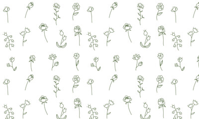 minimalistic seamless pattern with flowers and leaves in green color