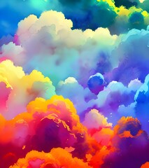 Obraz na płótnie Canvas I am looking at a beautiful watercolor painting of some clouds. The sky is mostly blue, but there are some colorful clouds in the distance. It looks like they were painted with light pink, purple, and
