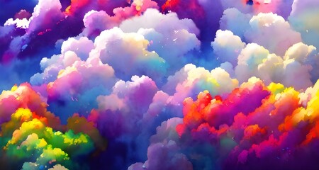 A watercolor painting of colorful clouds. The sky is a gradient of blues and greens, with white fluffy clouds dotted throughout.