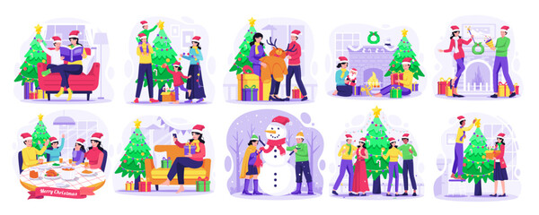 Obraz na płótnie Canvas Set of Merry Christmas and Happy New Year concept illustration with People Celebrate Christmas Winter Holiday Party. Vector Illustration in Flat Style