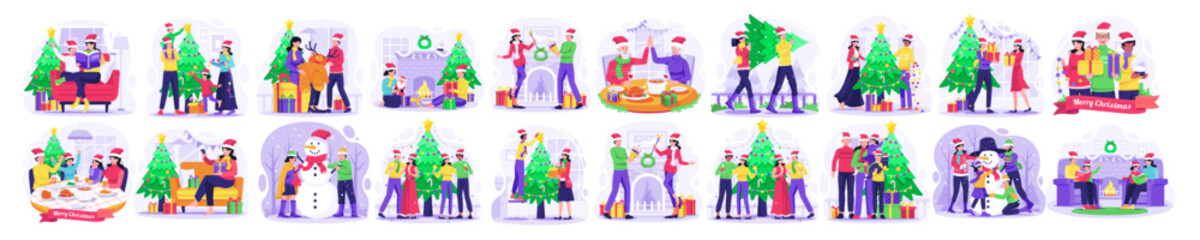 Set Bundle of Christmas and Happy New Year concept illustration with People Celebrate Christmas Winter Holiday Party. Vector Illustration in Flat Style