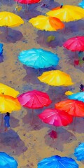 The sun is shining and the waves are crashing. The umbrellas are brightly colored and the water looks like a painting.