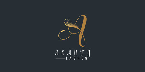 Beauty lashes logo with letter a  gold gradient premium vector