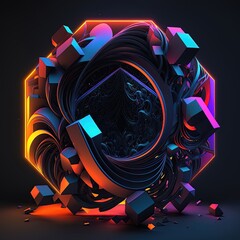 Abstract matte dark background with a geometric object in the center, neon light, multi-colored. 