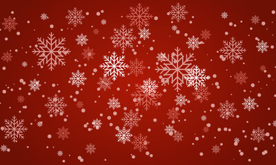 Christmas snowfall, festive mood, snow and swirling snowflakes on red background. New year illustration with snowflakes. Vector illustration