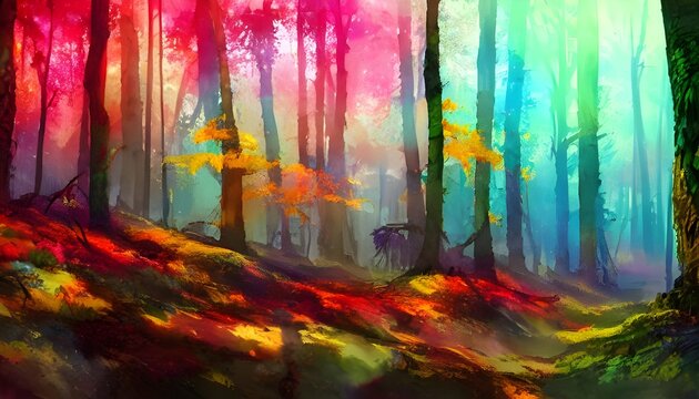 The painting is of a dense forest, with tall trees and layers of leaves in different shades of green. The light shines through the branches and casts shadows on the ground below. In the distance there © dreamyart