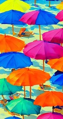 The sun is shining and the waves are crashing. The sand is a beautiful canvas for the colorful beach umbrellas that dot the shore.