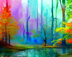 In the center of the painting is a bright, white sun. Its light shines through a clearing in the forest and splashes color onto trees that are just starting to turn yellow, orange, and red. A stream f