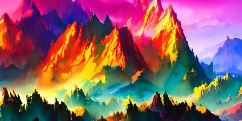 Naklejka premium A painting of mountains in watercolor hues of blue, purple, and pink. The sky is a light blue with fluffy white clouds.