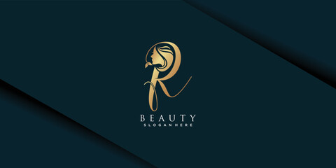 Beauty woman logo with letter r concept premium vector - obrazy, fototapety, plakaty