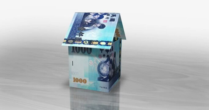 Taiwanese Dollar 1000 TWD money banknotes paper house on the table. Taiwan currency notes 3D concept of home mortgage loan, debt, rent, costs, liabilities and building wealth financing. Seamless loop.