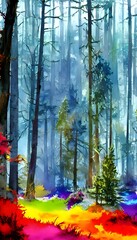 In this scene, a beautiful winter forest is depicted in watercolors. The colors are very vibrant and include different shades of blue, green, and white. The trees are covered in snow and the ground is