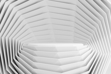 Matte white geometric clamshell like product marketing advertisement stage.