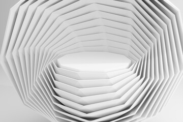 Matte white geometric clamshell like product marketing advertisement stage.