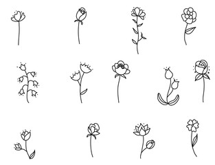 Set of Hand drawn minimalist flowers. Black contour line outline vector collection in minimal doodle style. Winter holidays floral clip art 