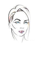 woman, face, beauty, hair, fashion, illustration, lady, lips, model, people, glamour, style, person, smile, eyes, makeup, hairstyle, art, color, cheekbones, sketch, model, black, clothing, drawing