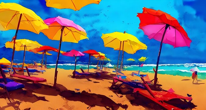 A beautiful watercolor of beach umbrellas in vibrant colors. The artist has captured the summer feel perfectly with this cheerful painting.