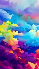 Obraz na płótnie Canvas In this painting, colorful clouds lazily drift across a deep blue sky. The artist has used wide brushstrokes of pale pink, orange and yellow to create the wispy shapes of the clouds. A light green was