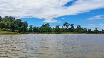 Beautiful morning light in public park with green grass field and green fresh tree plant at Vachirabenjatas Park Bangkok, Thailand