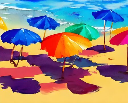 A gentle breeze blows across the sand, rippling through the colorful beach umbrellas that are lined up along the shore. The watercolor sky is reflected in the calm blue waters of the ocean.