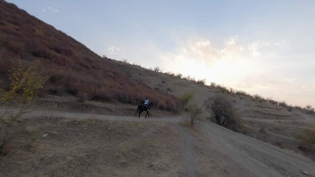 FPV drone speed low flight to woman riding horse on countryside mountain path sunset nature landscape aerial view. Female equestrian gallop ride farm animal hilly suburb valley enjoy hobby freedom 4k
