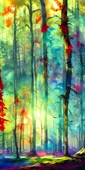 I am looking at a beautiful watercolor painting of a colorful forest. The leaves on the trees are different shades of green, yellow, and brown. There is a stream running through the middle of the pain