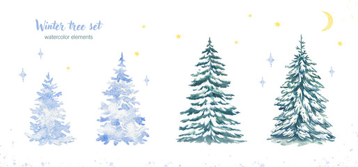 Fototapeta na wymiar Watercolor illustration of a fir tree in the snow on a white background. A green fluffy pine tree highlighted on a white background. Winter snow-covered trees. Elements for the Christmas scene.
