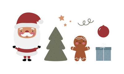 Cartoon Christmas set. Cute Santa, Christmas tree, gingerbread, gift and decoration. Vector illustration. Good for cards, icon, stickers, prints etc.	