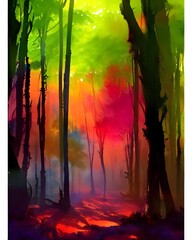 In this painting, a riot of colors swirls together to create the effect of a dense forest. Luscious greens and earthy browns mix with flashes of bright blue and pink, creating a sense of depth and mov