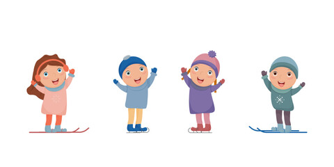 A group of children engaged in winter entertainment. Children skate and ski isolated on a white background. Vector illustration