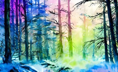 I see a colorful winter forest watercolor. The colors are so beautiful, and they make me feel happy. I love looking at it!